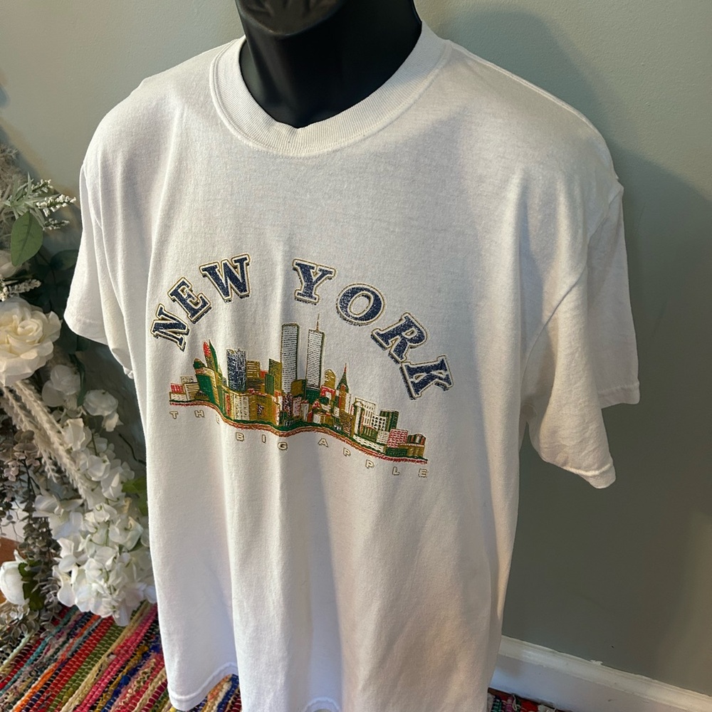 y2k New York City The Big Apple Tee Shirt World Trade Center White Vintage Large - Picture 2 of 7